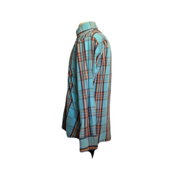 Bertigo 3 Medium Orange Blue Plaid Long Sleeve Button Front Shirt - Picture 2 of 5